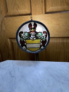 Awesome Leaded Stained Glass Winged Crown Knight Helmet and Shield Emblem