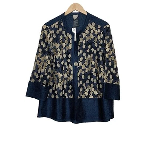 Chico's Travelers Collection Trapeze Jacket 3/4 Sleeve Blue Gold Size 2 Large - Picture 1 of 5