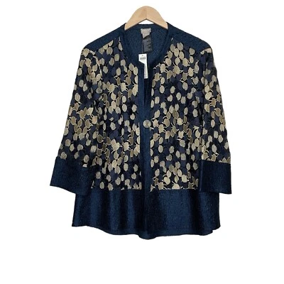 Chaqueta Trapecio Colección Chico's Travelers Manga 3/4 Azul Dorado Talla 2 Grande Foto 1 de 4