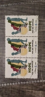 US Sc# 1385 6c Hope for the Crippled 1969 Used Strip Of 3 - #B359 - Image 1 of 3
