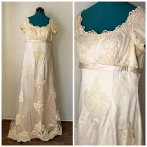 FORMAL Long Champagne Gold Lace Pearl Beaded Satin Women’s Wedding Dress Size 16 - Picture 1 of 12