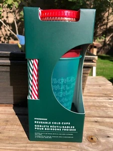 Starbucks 2019 Holiday Christmas Reusable Cold Cups With Straws 24oz 5 Pack NIB - Picture 1 of 12