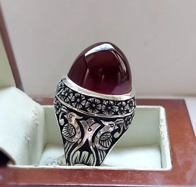 Natural Brown Aqeeq (Agate)  Sterling Silver 925 Men Aqeeq Ring Gumbad style - Image 1 of 4