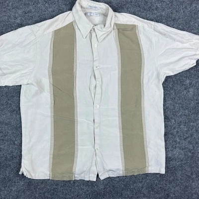 Camisa Geoffrey Beene Para Hombre L Beige Mezcla de Lino Seda Manga Corta Rayas Abotonada Foto 1 de 4
