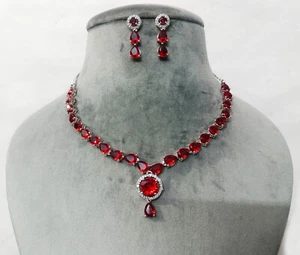 Indian CZ Ruby Red Necklace With Earrings Bridal Choker Party Wear Wedding Gift - Picture 1 of 6