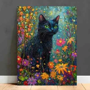 A painting of a black cat in a garden of flowers Wall Art Canvas Unframed/Framed - Picture 1 of 7