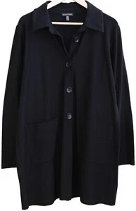EILEEN FISHER Black WASHABLE STRETCH CREPE CLASSIC COLLAR JACKET Longline SZ L - Imagen 1 de 4