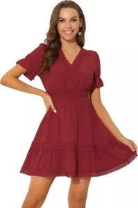 Allegra K Crochet Lace V-Neck Smocked Mini Dress (UK14) Elegance | Timeless - Picture 1 of 4
