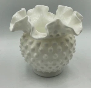Fenton Hobnail Milk Glass Round Ruffled 4” Vase Dish Silver Sticker White Globe - Picture 1 of 5