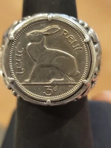 1968 IRISH 3 PENCE COIN STERLING SILVER RING APX SZ 6 BUNNY IRELAND SHAMROCK 13g - Picture 1 of 11