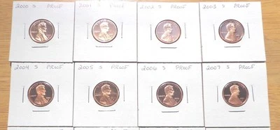 Lote de 9 monedas de prueba de centavos Lincoln 2000 2001 2002 2003 2004 - 2007 2008 S Foto 1 de 4