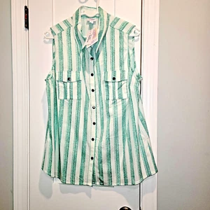 Neu mit Etikett - LuLaRoe Roxanne Gr. L grün gestreifte ärmellose Bluse mit Druckknöpfen - Stretch - Bild 1 von 5