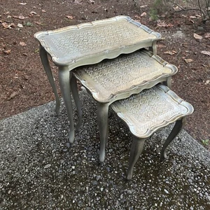 NEW! 3 Italian Florentine Hollywood Regency Silver WOODEN Nesting Tables Italy - Picture 1 of 20