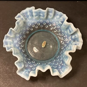 Vintage Fenton Blue Opalescent Hobnail Glass Candy Dish Crimped Edges - Picture 1 of 5