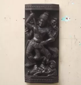 Mahishasura Mardini Statue Wall Hanging Panel Kali Sculpture Shakti Carving Wood - Picture 1 of 6