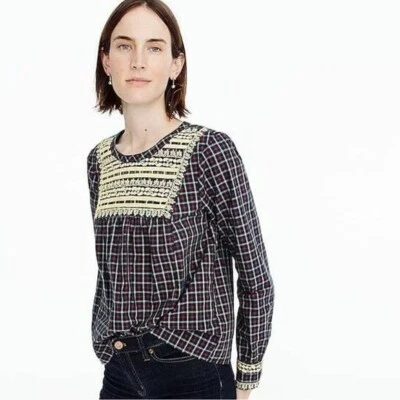 J.Crew Embroidered Top XS Gold Holiday Plaid Peasant Blouse Green Red NWT - Image 1 of 4