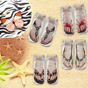 4 Pairs Funny Flip Flop Manicure Print Socks 3D Pattern Socks Sandal Printed New