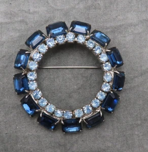 Vintage Rhinestone Brooch Pin Blue Faceted Crystal 2 inch Open Circle 174c - Picture 1 of 10