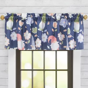Gnome & Flowers Window Valance Curtain Navy Blue Whimsical Floral - Picture 1 of 1