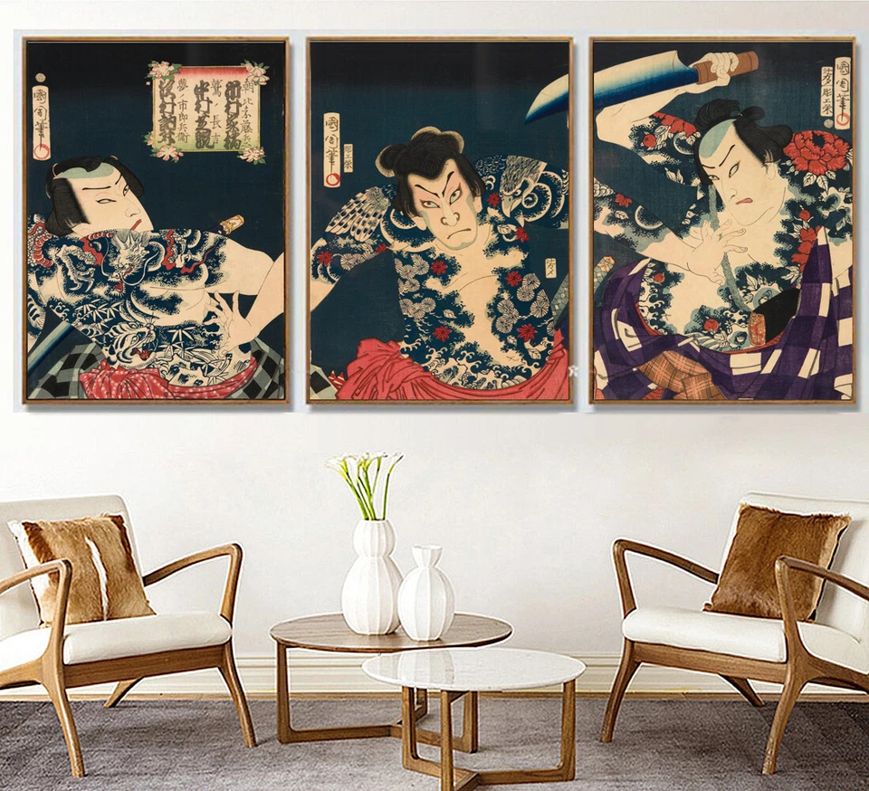 Set 3 Tattoo Samurai Japan Ukiyoe Paint Silk Canvas Poster Decor Unframed U114 - Image 1 of 4