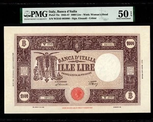 Italy 1000 Lire 1947 P-72c * PMG AU 50 EPQ * Rare Grade * - Picture 1 of 2