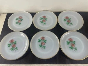 Vintage Fire King Jubiläum Rosa Rose Set 6 Teller Milchglas Goldrand 7 3/8" - Bild 1 von 18