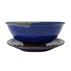 Classic Cobalt Blue Berry Bowl Saucer Set Pottery Colander Strainer Plate Retro - Picture 1 of 8
