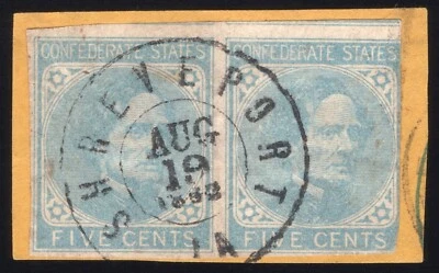 Confederate States, CSA #6, Pair on Piece tied by CDS SHREVEPORT LA AUG 19, 1863 - Image 1 of 2