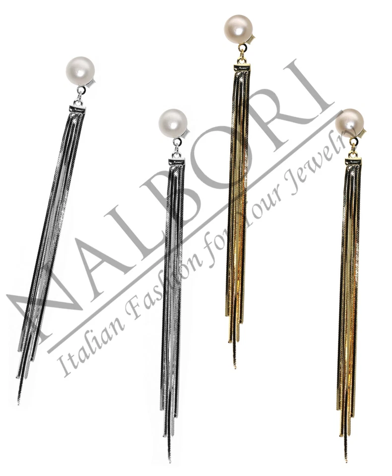 orecchini argento 925 lunghi codine diamantate ciondoli perla rodio oro giallo - Immagine 1 di 3