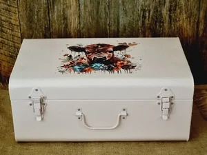 SHABBY COUNTRY COW CALF PINK METAL STORAGE SUITCASE HOME DECOR - Picture 1 of 6