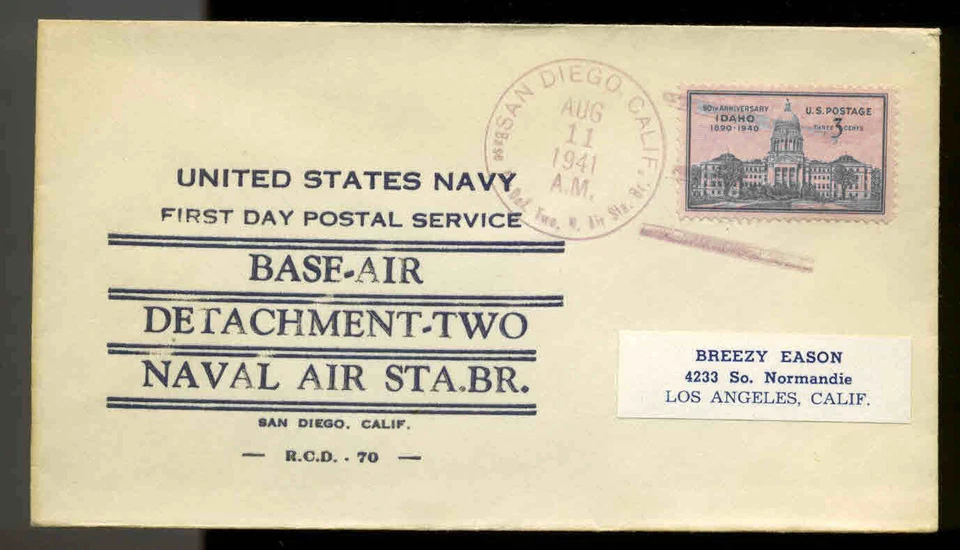 US NAVY 1st POSTAL SERVICE BASE-AIR DETACHMENT-2 NAVAL AIR STA. BR. 8/11/41 - Image 1 of 1