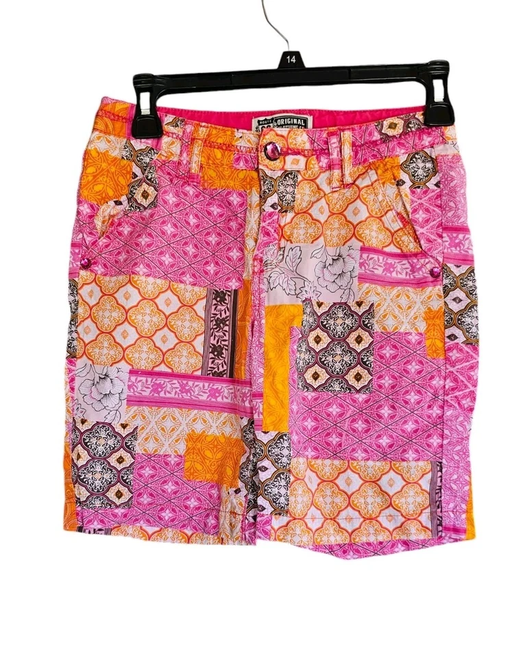 ROUTE 66 Girls Youth Pink Orange Patchwork Adjustable Shorts ~ Size 12 - Image 1 of 4