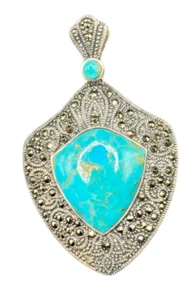 Turquoise Pendant Marcasite Ornament Sterling Silver Thailand Stamped - Picture 1 of 15