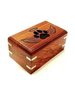 Wooden Urn -Engraved paw with Angel Wing-Pet Urns for Dogs Ashes Rosewood - Picture 1 of 7