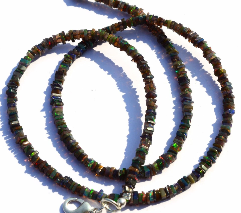Black Ethiopian Opal Rainbow Fire 3.5MM Size Square Heishi Beads Necklace 18" - Image 1 of 1