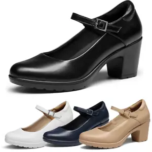 Women Mary Jane Pump Shoes Ankle Strap Round Toe Low Chunky Heel Pump Shoes Wide - Picture 1 of 30