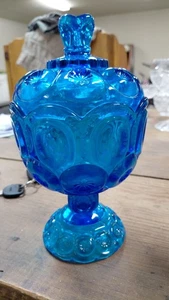 Vintage 1960's LE Smith Moon And Stars Blue Glass Candy Dish Compote With Lid 8" - Picture 1 of 13