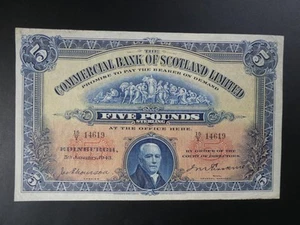 HUGE SIZE 1943 COMMERCIAL BANK OF SCOTLAND £5 BANKNOTE ORIGINAL VF - Picture 1 of 2