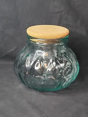 Glass Pumpkin Bottom 7.5" Cookie / Apothecary Jar With Cork Lid Light Green - Image 1 of 4