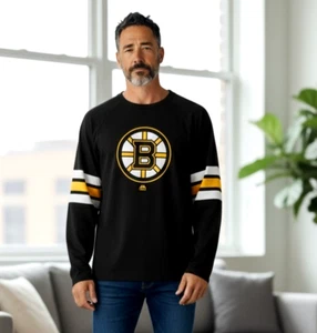 Majestic NHL Men BOSTON BRUINS Long Sleeve Shirt XL Black Yellow - Picture 1 of 6