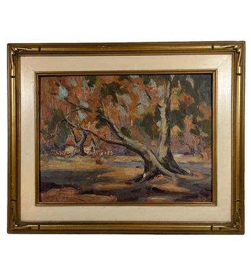 RUTH LARIMER CALIFORNIA IMPRESSIONIST ANTIQUE AUTUMN LANDSCAPE CABIN PAINTING - Image 1 of 4