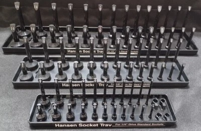 Hansen 3 Pc Socket Tray SAE Tool Rack Holders 1/4" 3/8" 1/2" Black USA
