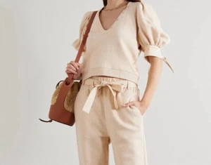 ULLA JOHNSON Bess Poplin Trimmed Cotton Sweater Oatmeal Size Medium $245+ NEW - Picture 1 of 11