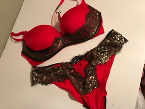NWT Victoria's Secret Knockout Wirefree Bra Set Red Bronze Lace 32D,M - Picture 1 of 6