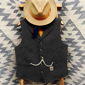 Mens Vests Cowboy Waistcoat Herringbone Vintage Retro Tailored Groom XS-3XL - Picture 1 of 13