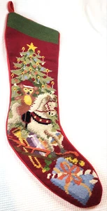 Needlepoint Weihnachtsstrumpf Baum Spielzeug Bär Schaukelpferd Wolle Samt - Vintage - Bild 1 von 12
