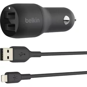 Belkin CCD001bt1MBK BoostCharge Dual USB-A 24W Car Charger w Cable Black - Picture 1 of 5