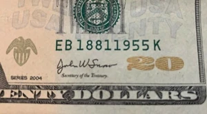 $20 Dollar Bill 2004 Circulated Fancy Radar Year Serial Number EB 18 81 1955 K - Picture 1 of 3