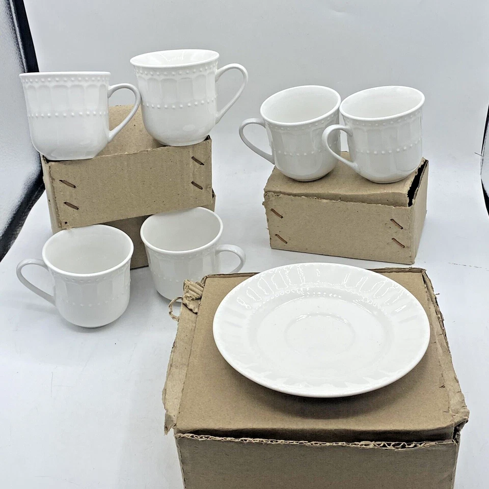 Gibson Designs MARQUESS White Fluted Dots Rim Porcelain Cups & Saucers Set For 6 - Image 1 of 4
