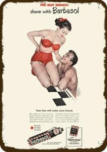 1948 Sexy Bikini Frau Pin-Up & BARBASOL Vintage-Look DEKORATIVES REPLIKAT METALLSCHILD - Bild 1 von 1